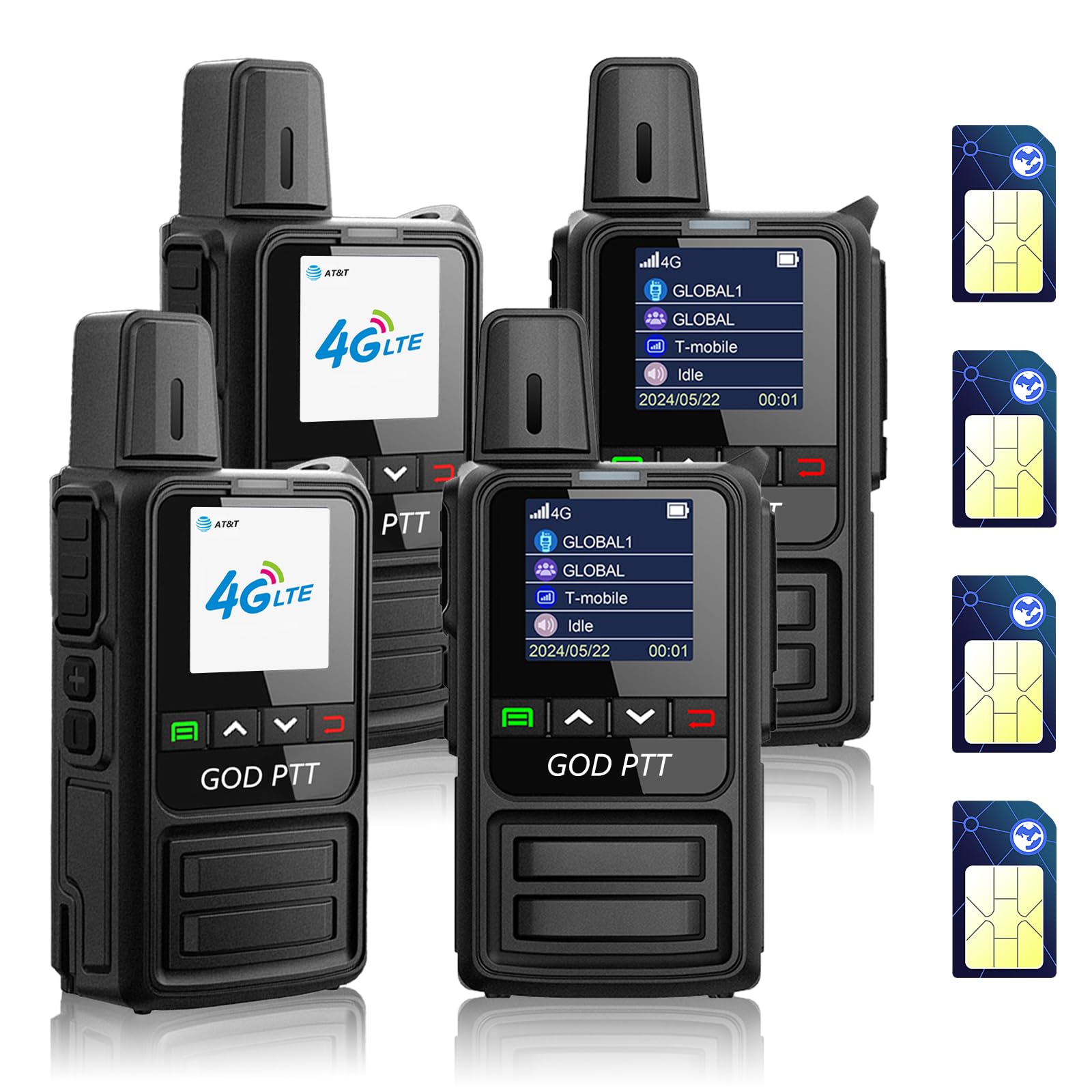 GODPTT Global Walkie Talkie, Nationwide Unlimited Range Long-Distance 4G PTT PoC Two-Way Radio, Mini Portable,1-Year Free Data, No Platform Fee (4-Pack K360 with SIM)