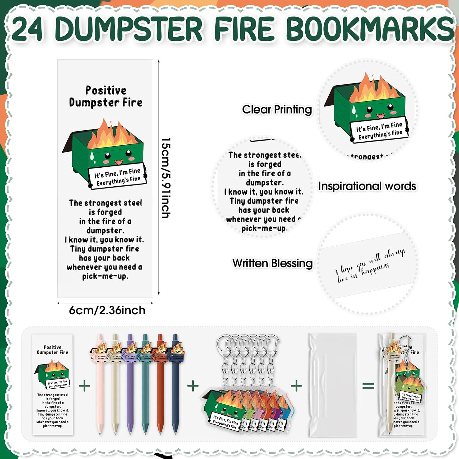 Sayglossy 24 Sets CNA Week Gifts Dumpster Fire Response Team Funny Ballpoint Pens Acrylic Keychains Bookmarks EMS Week Gifts for Volunteer Nurse Teacher Office Employee Team Graduation