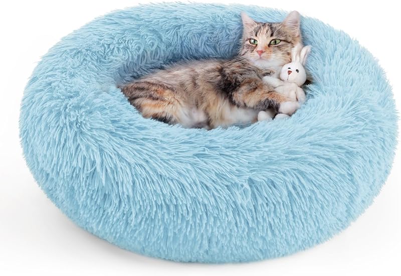 rabbitgoo Calming Cat Beds for Indoor Cats, 20 inches, Light Blue | Soft Warm Donut, Fluffy Faux Fur, Supportive Raised Rim, Anti-slip, Machine Washable, Up to 15lbs Kittens & Small Cats