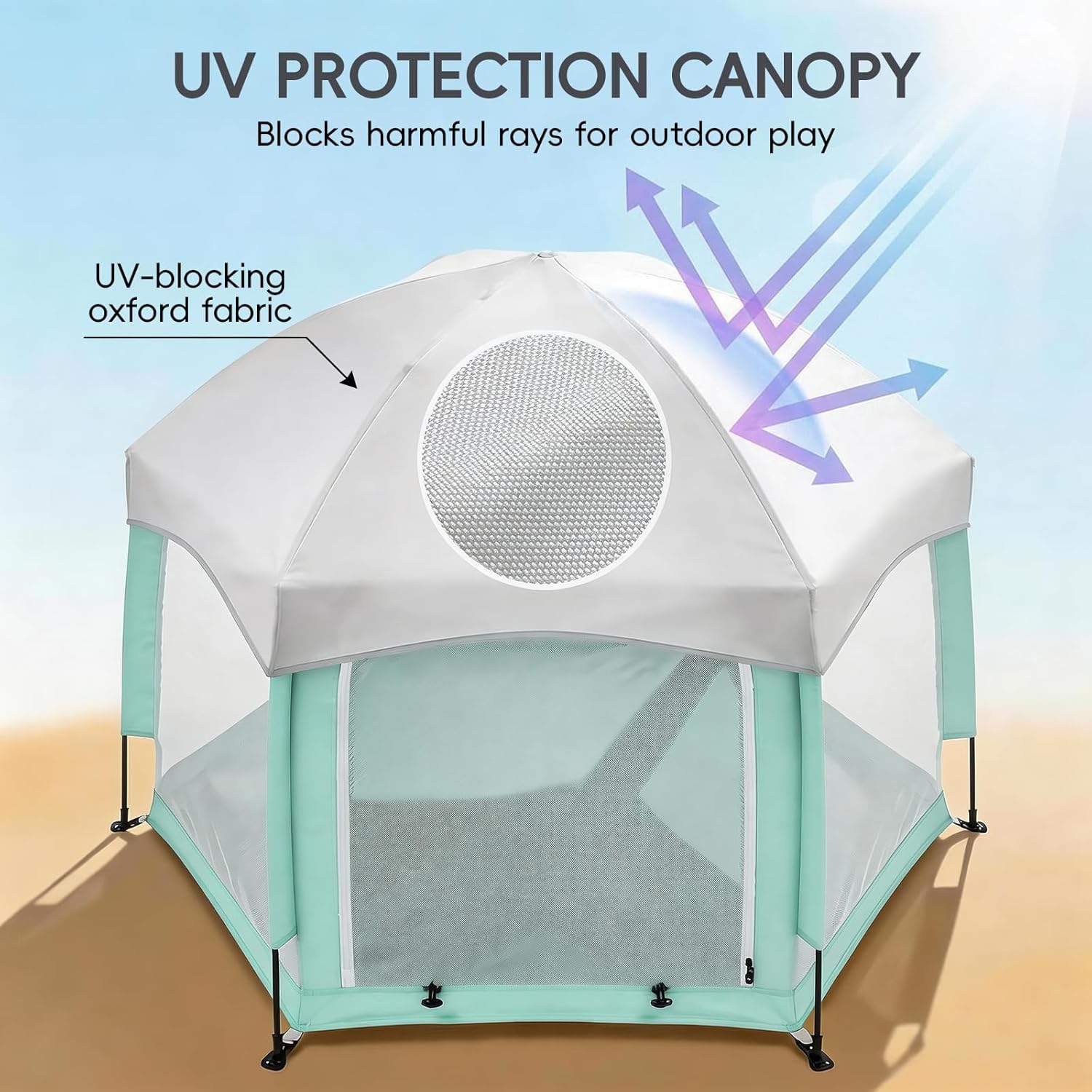 Palopalo Mint Green Pop Up Baby Beach Tent - UPF50+ Sun Protection Canopy & Mosquito Net, Instant Setup Portable Playpen for Indoor & Outdoor Play, Lightweight Pack and Play Yard