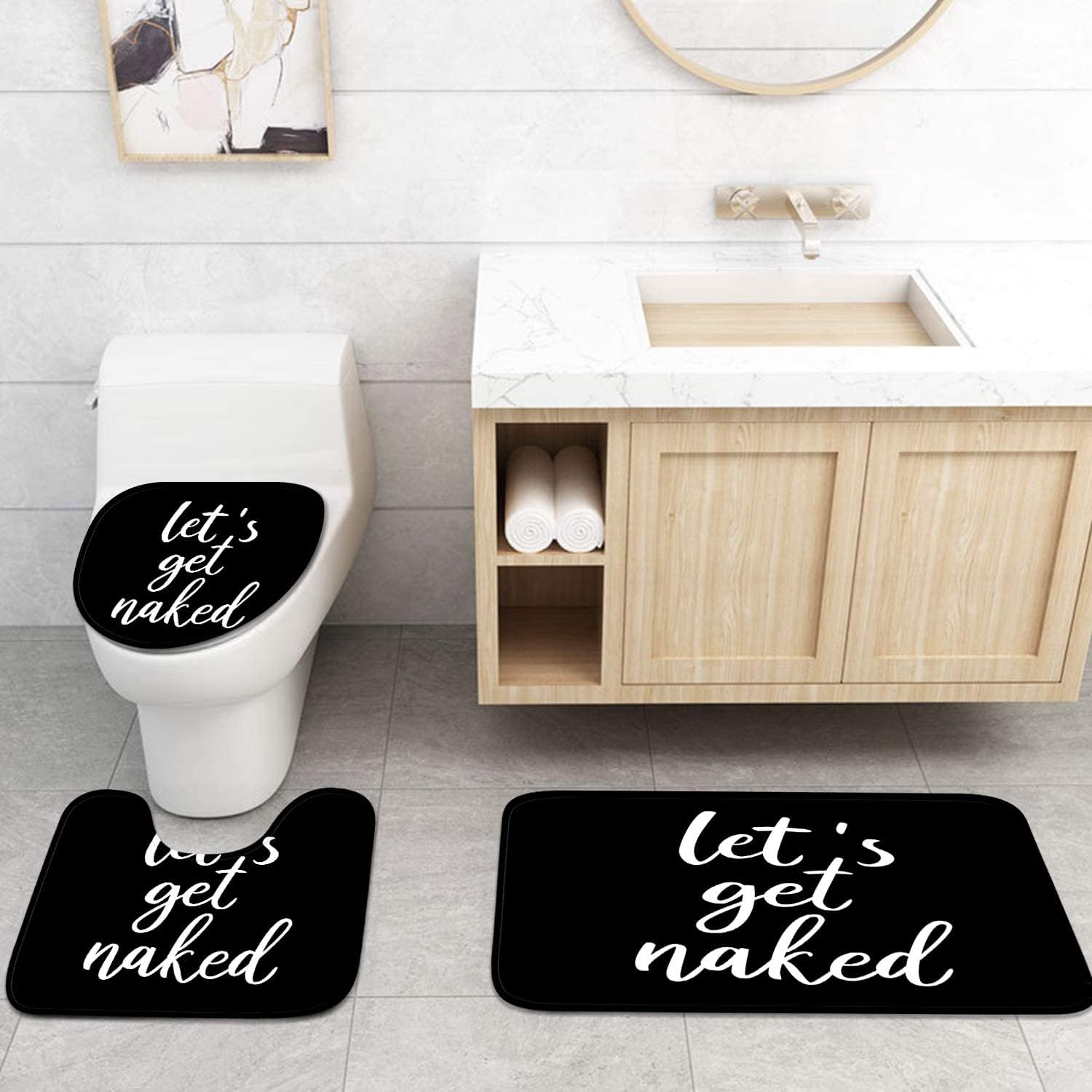 ArtSocket 4PC Shower Curtain Set with Rugs, Let's Get Naked Bathroom Set with Non-Slip Rug, Toilet Lid Cover, Bath Mat and 12 Hooks 72x72 inches