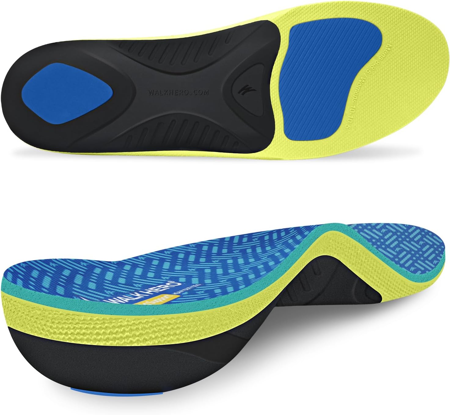 WalkHero 220+lbs Arch Support Inserts, Heavy Duty Plantar Fasciitis Insoles for Men Women, Orthotic Inserts with Heel Cushion, Pain Relief for Standing All Day Mens 11-11.5 | Womens 13-13.5