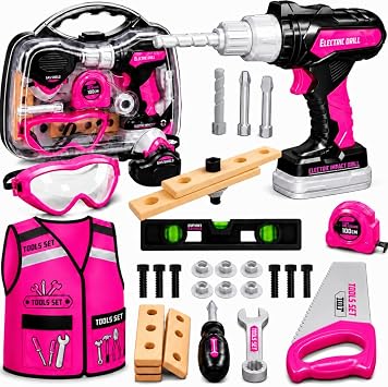 Kids Tool Set with Carrying Case, Electronic Toy Drill with Bits & Construction Vest Pretend Play Kit with Safety Googles, Gas Shield, Tape Measure, Saw, Bubble Level, Screwdriver, Nuts & Bolts