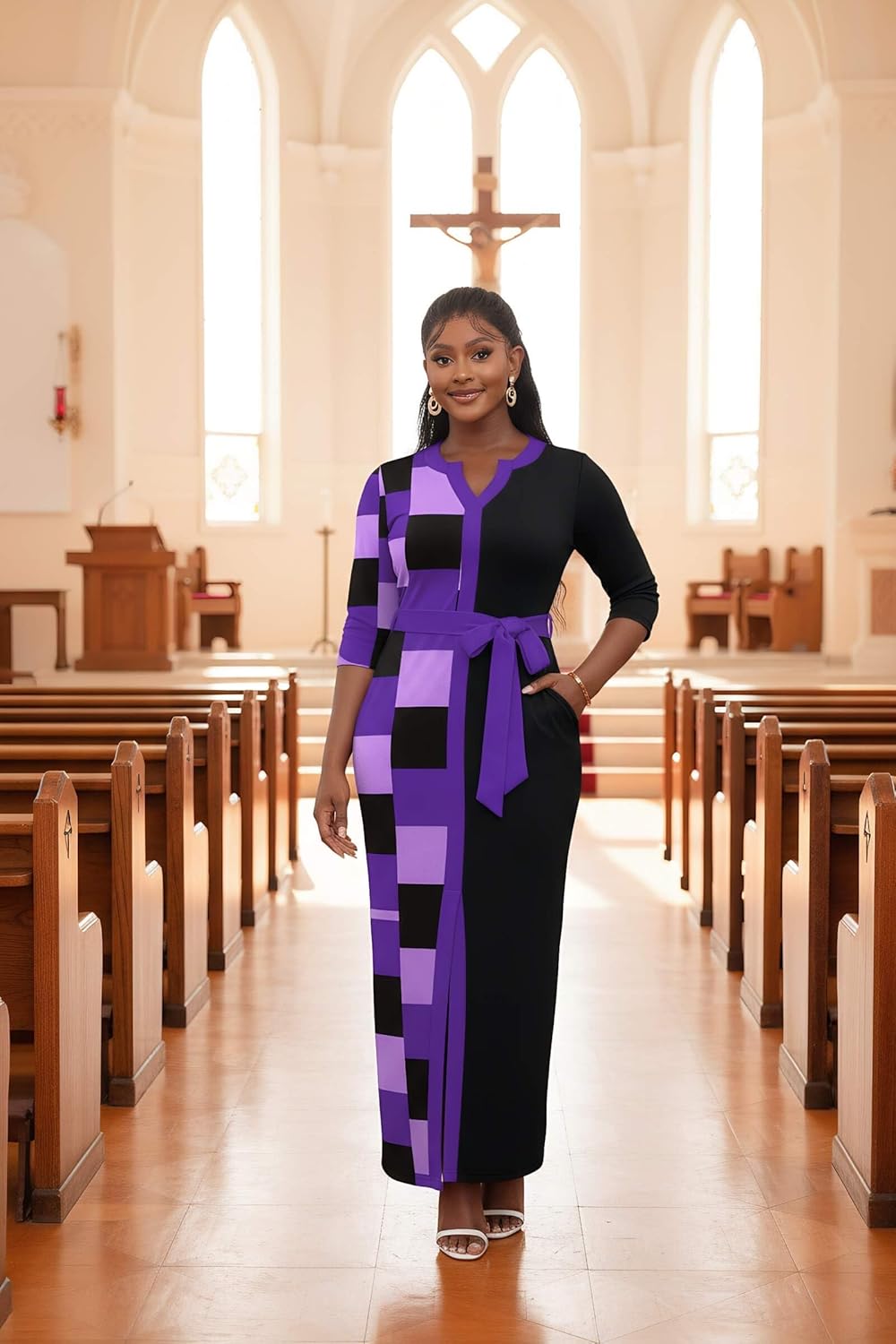 Nmoder Maxi Dress for Women Long Church Cocktail Casual Dresses Colorblock Front Split 3/4 Sleeve V Neck Pencil Dress