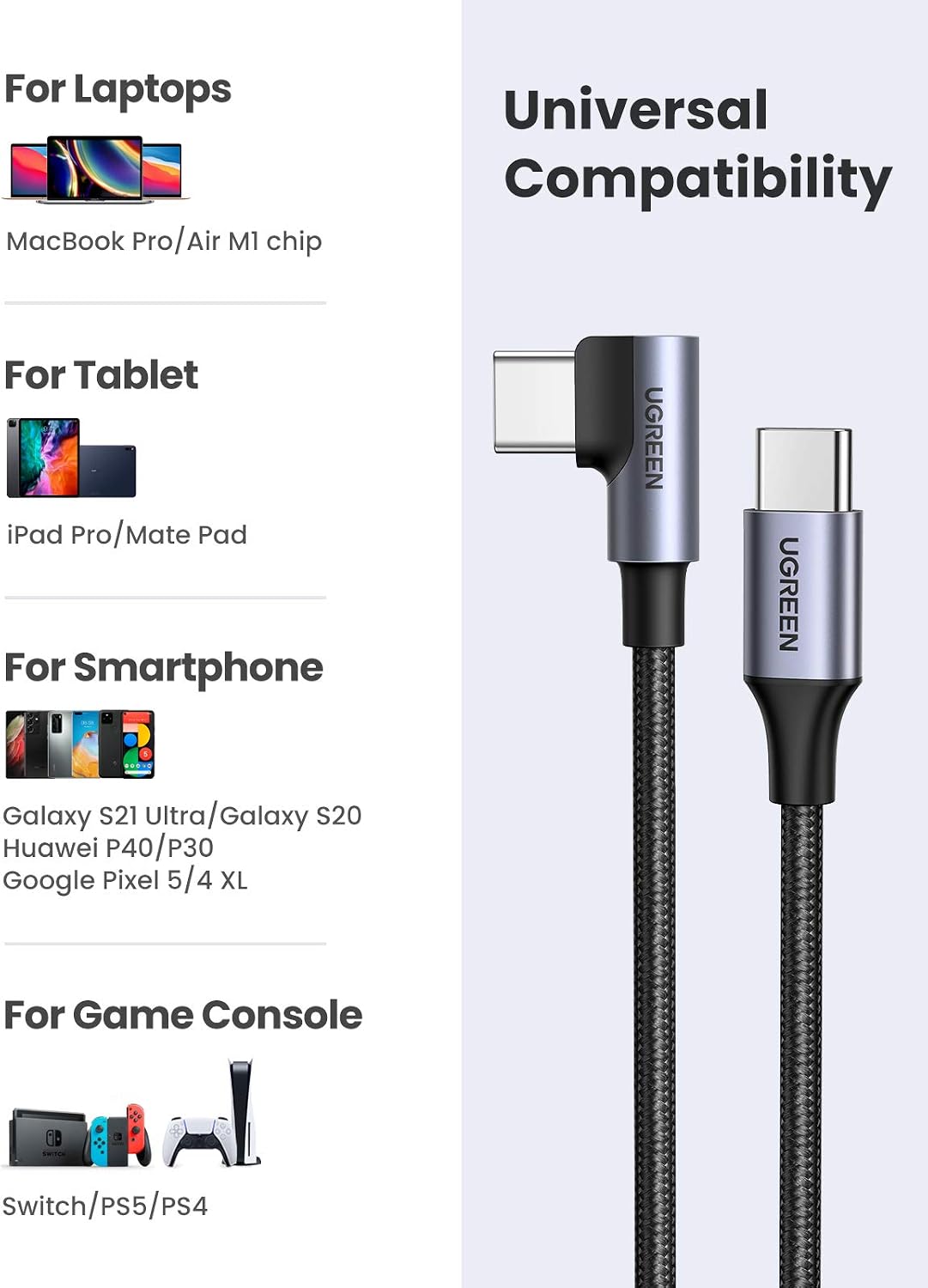 UGREEN USB C to USB C Cable 2 Pack 3ft 6ft Right Angle 60W PD Fast Charge Type C Cable Compatible with MacBook Air Pro, iPad Air Pro 2021, Galaxy S21 S20 Note 20,Google Pixel 4 3