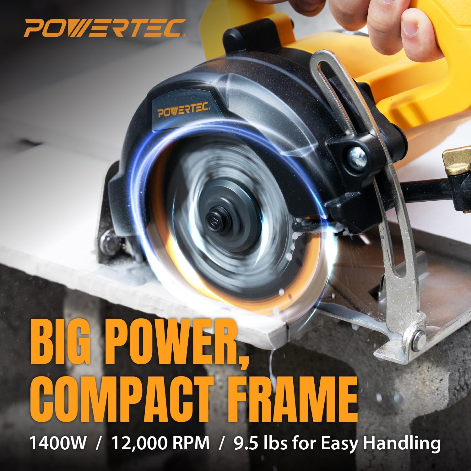 POWERTEC HTS1045C 4.5" Handheld Tile Saw w/ 1 Extra Blade – 12Amp/1400W Motor, Wet/Dry Cutting with Adjustable Water Feed System, GFCI Plug, Bevel & Depth Adjustment, Compatible 4"-4.5" Diamond Blades