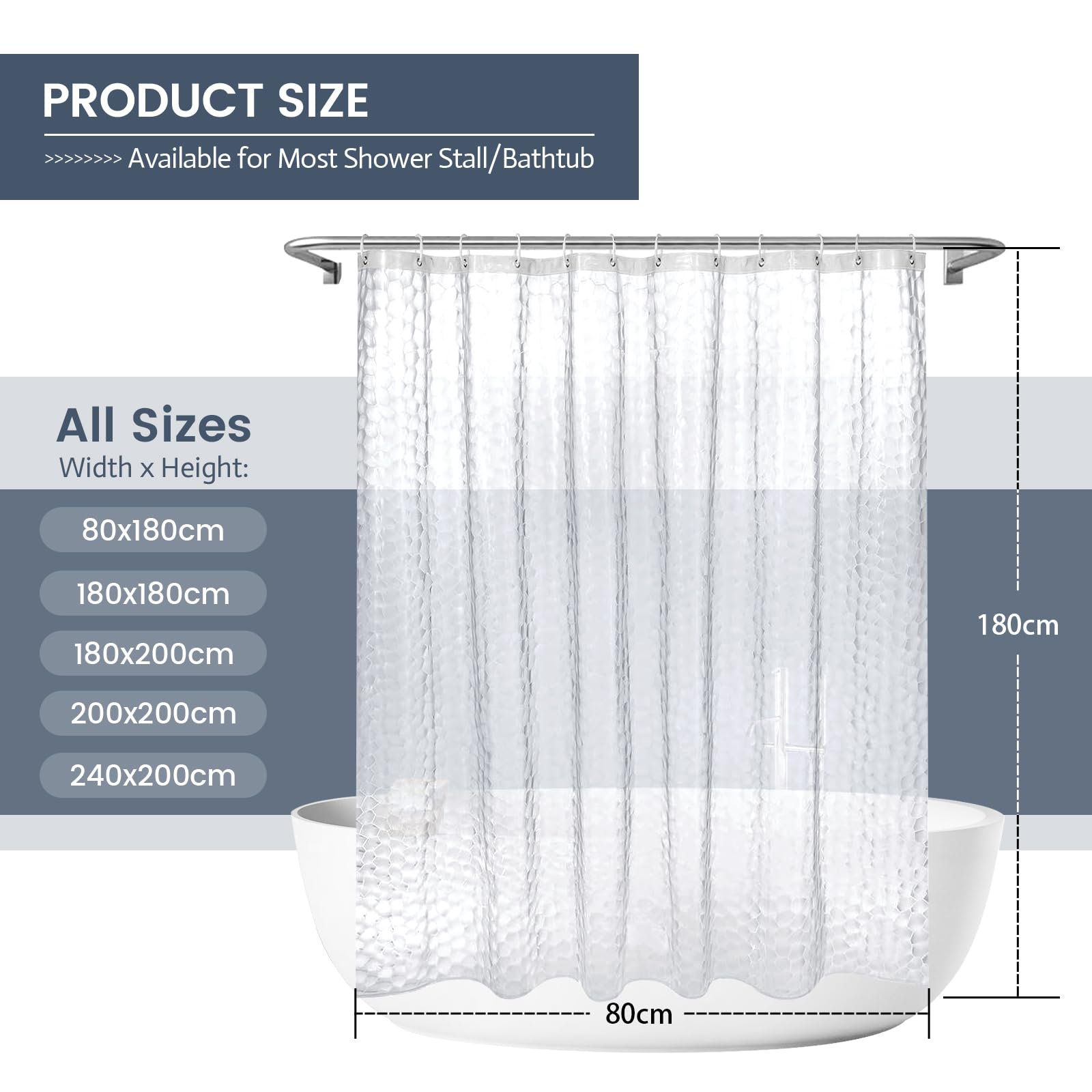 Aeici Shower Curtain White Waterproof Shower Curtain for Bathroom Bath W240 X H200 cm, Eva Water Cube, W 94.5" x L 78.7" (1 Panels) - Image 2