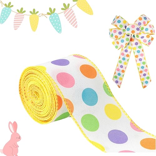 1 rollo de cinta de Pascua de lunares pastel con alambre de cinta de Pascua para cestas de 2.5 pulgadas, 10 yardas, cinta de primavera, puntos de