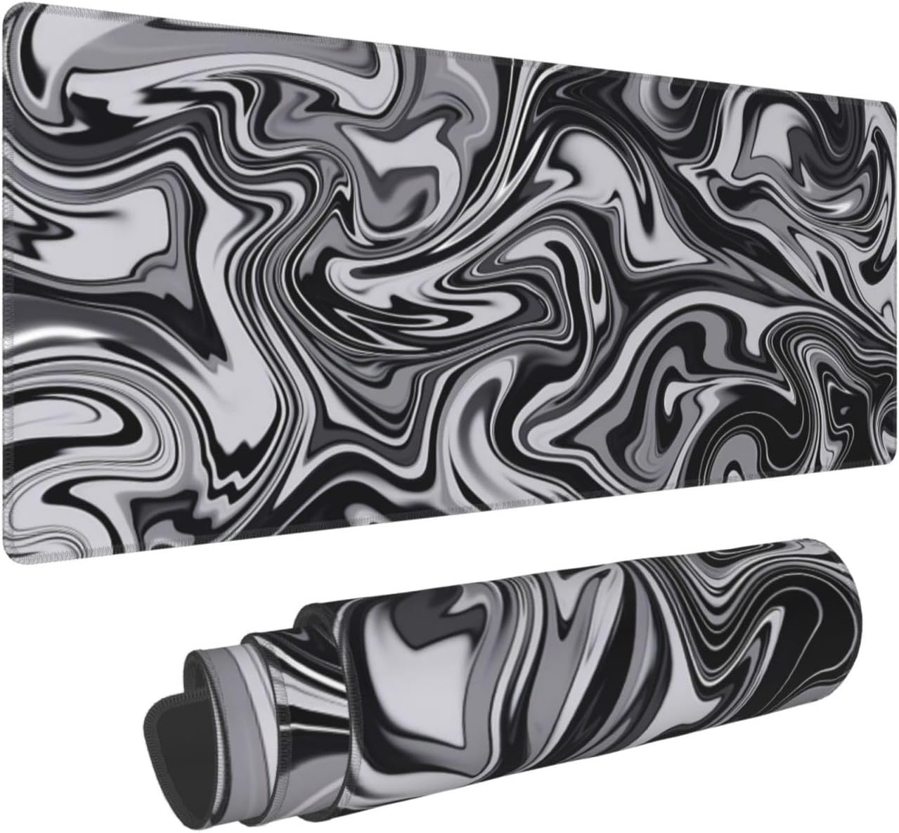 Abstract Black and White Marble Fluid Topographic Contour Map Ink Liquid Wave Gaming Keyboard Mouse Pad Mousepad Desk Mat Huge Extended XL Stitched Edge Rubber Sole for Home Office(31.5"X 11.8")