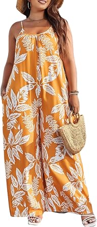 CaniBtr Summer Jumpsuits for Women Plus Size Casual Wide Leg Spaghetti Strap Sleeveless Loose Printed One Piece Jumpsuit