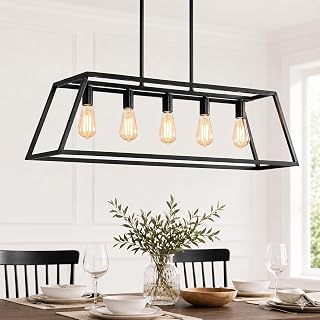 Black Kitchen Island Lighting, 5-Light Farmhouse Chandeliers, Modern Industrial Linear Rectangle Pendant Light Fixtures for Dining Room Kitchen Bar Foyer(Metal, E26 Base)
