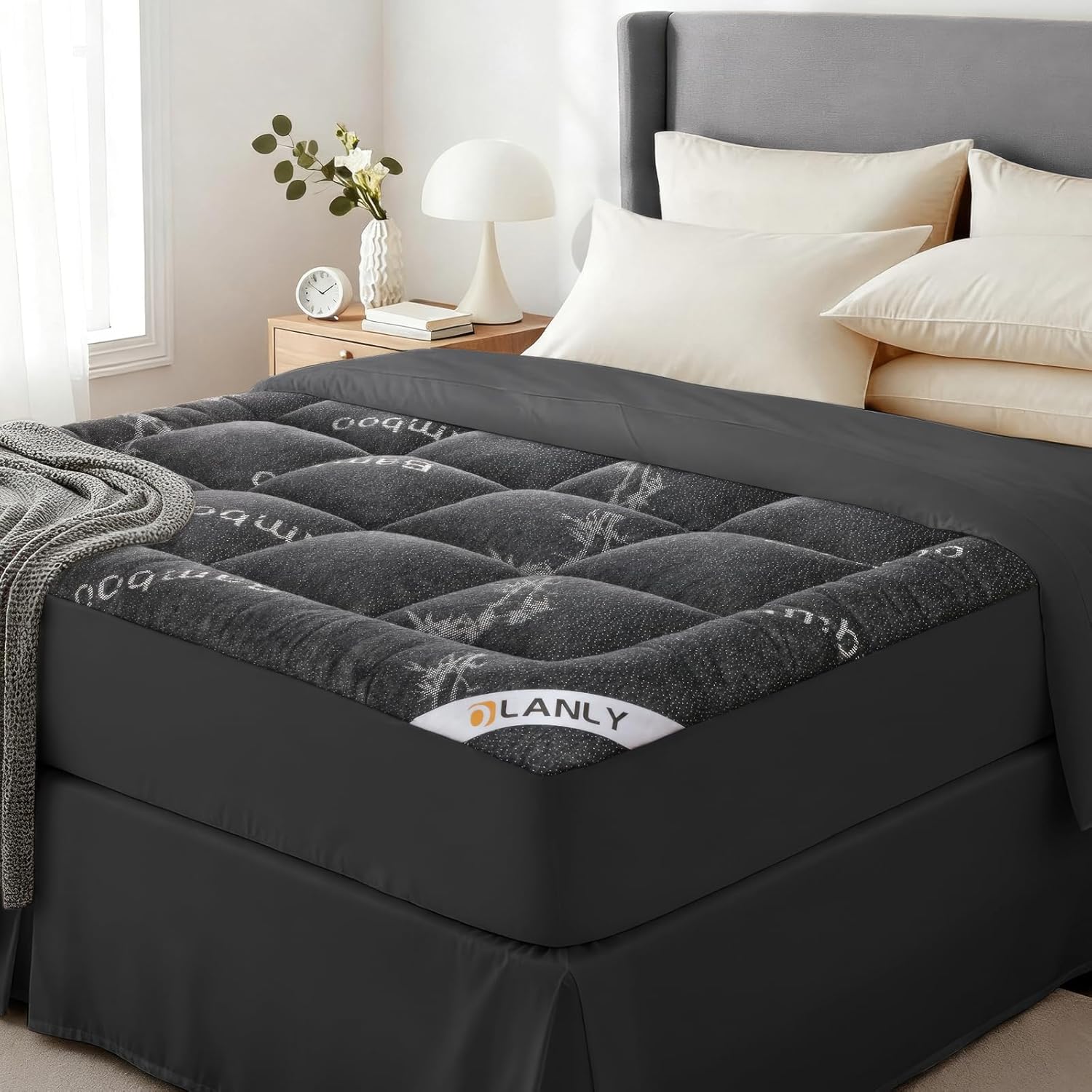 OLANLY King Mattress Topper – Viscose Made from Bamboo Cooling Pillow Top, Plush Bed Topper with Breathable Quilted Design, Soft King Mattress Pad for Back Pain Relief, Dark Gray Dark Gray King