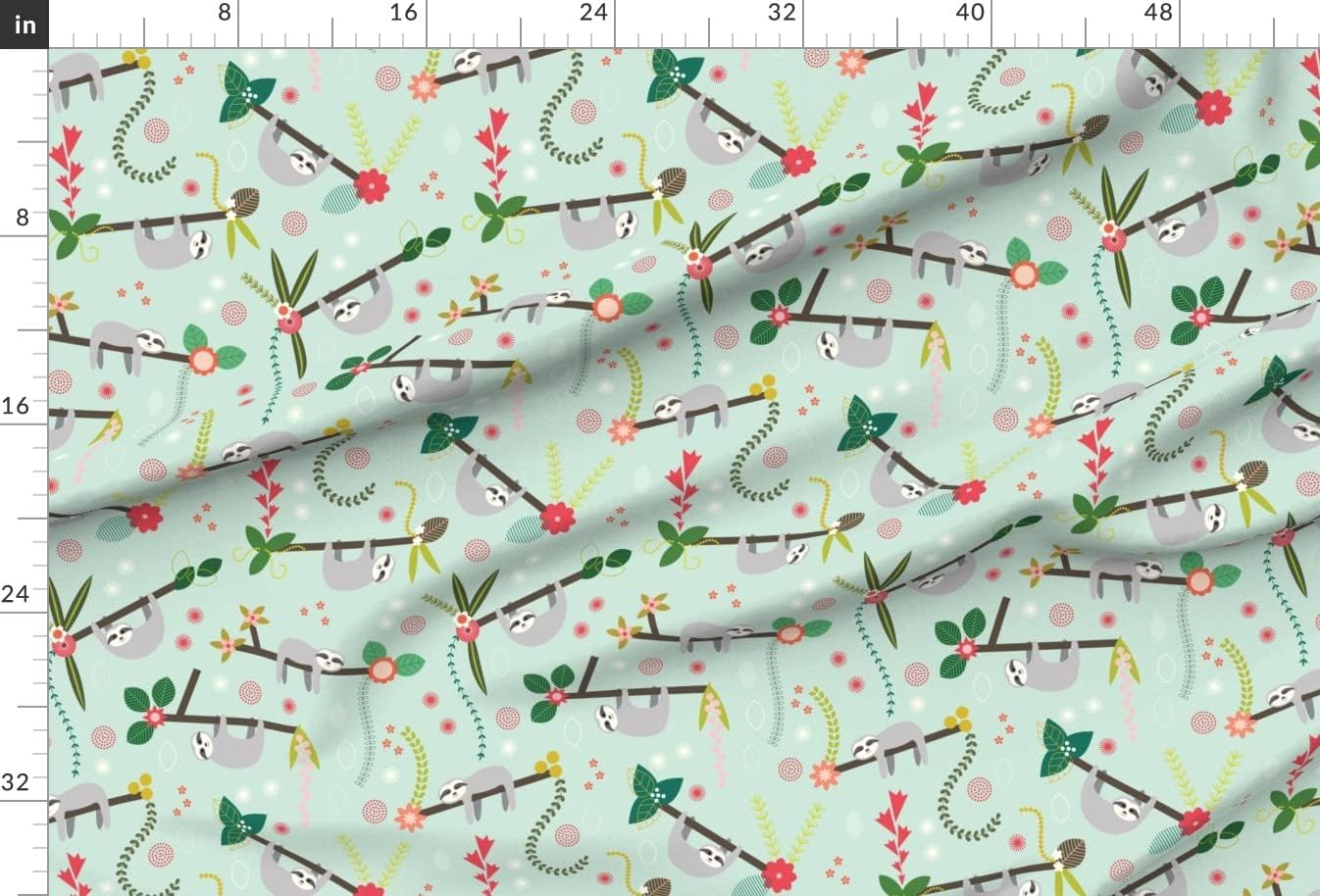 Spoonflower Fabric - Blooms Sloths Tree Flowers Leaves Leaf Animal Plant Life Daisy Green Printed on Minky Fabric by The Yard - Sewing Baby Blankets Quilt Backing Plush