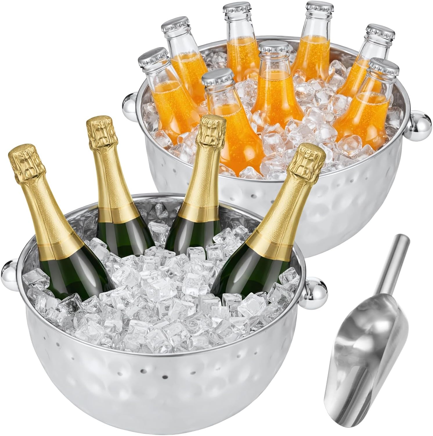 2 Pcs Stainless Steel Ice Buckets with Dual Handles, 7L Large Hammered Wine Ice Bucket with Scoop, Multi-Purpose Beverage Tub Drink Holder for Parties, Bar, Wedding