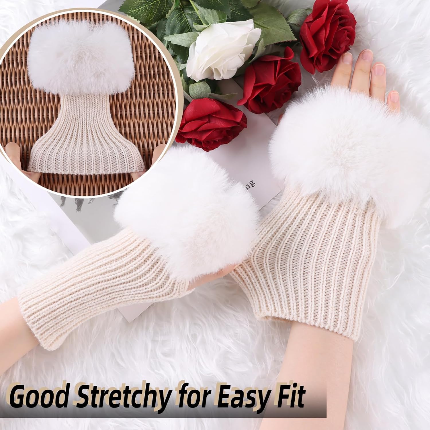 Winter Women Fingerless Gloves Knitted Arm Warmers Hand Mittens ThumbHole Faux Fur Wrist Short Cuff for Women - Image 3