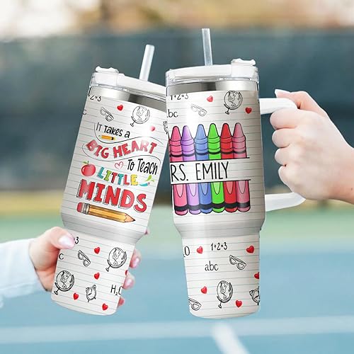 Miniatura 6 de La Fonte Vaso personalizado para profesor con asa y popote en inglés "It Takes A Big Heart", taza de café para profesores, taza de viaje para