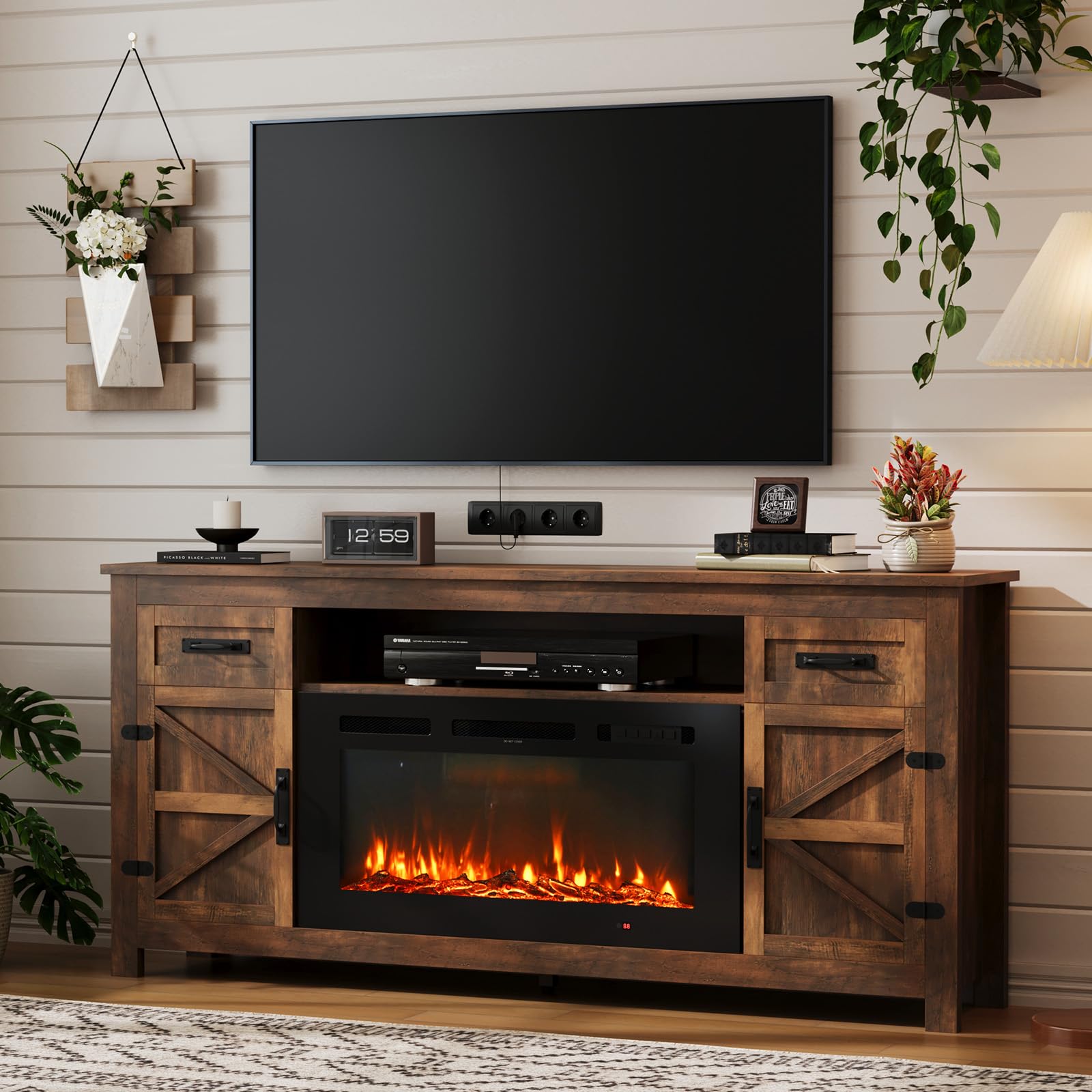 (incomplete box 2 of 2 )) ((only fireplace))Fireplace TV Stand with Barn Door for TVs up to 80", Farmhouse 70" Fireplace Entertainment Center with Storage Cabinets, Brown TV Stand and Black Fireplace