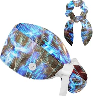 FVQL 2 Pieces Surgical Cap for Long Hair Scrub Cap with Hairband Nurse Cap, Abstract Pattern Skull