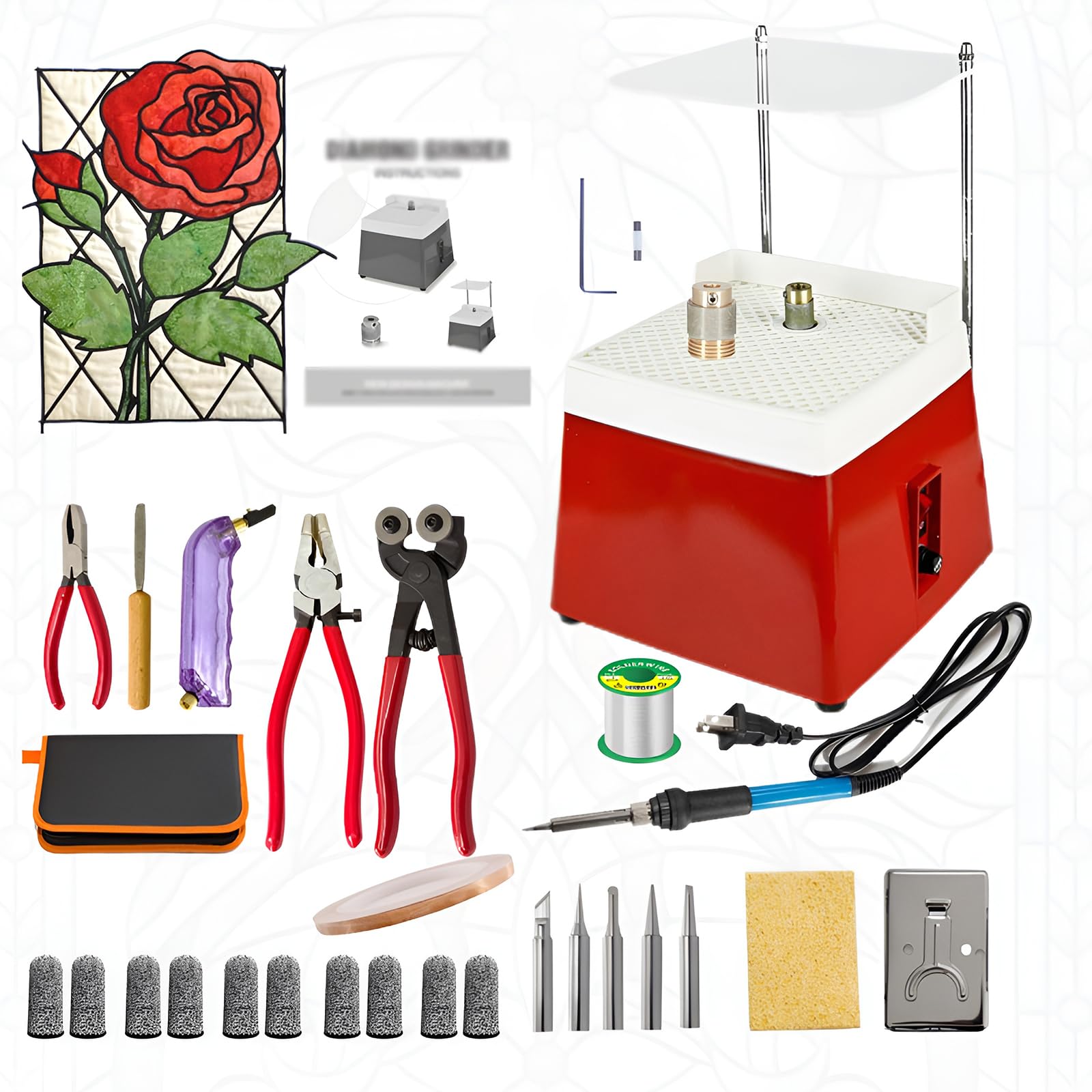 FHRKA Stained Glass Starter Kit Complete with Glass Grinder Machine & 5/8" 1" Bits, Copper Foil Tape, Solder Wire for Beginners Blue (Blue)