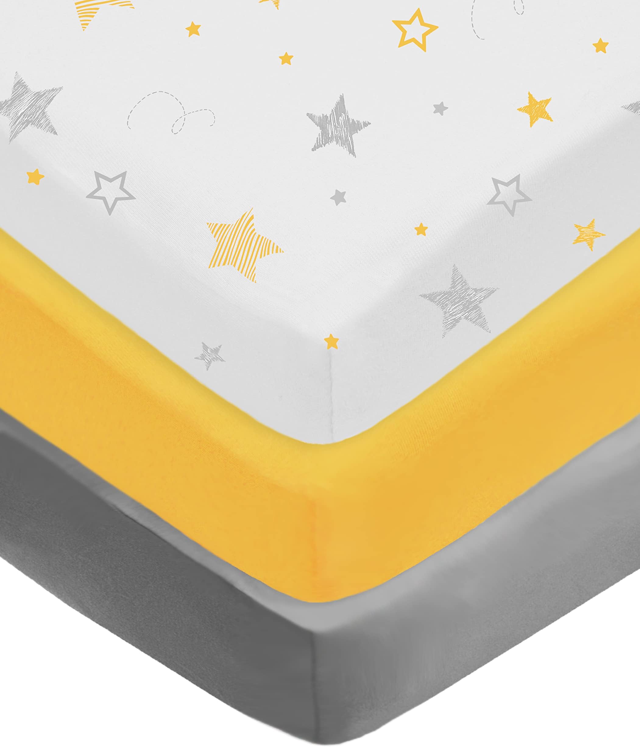 American Baby Company 3 Pack 100% Natural Cotton Fitted Crib Sheets 52" x 28" - Soft, Breathable, Hypoallergenic & Gentle Toddler Bed Sheets, Yellow Star/Yellow/Gray, Neutral for Boys & Girls