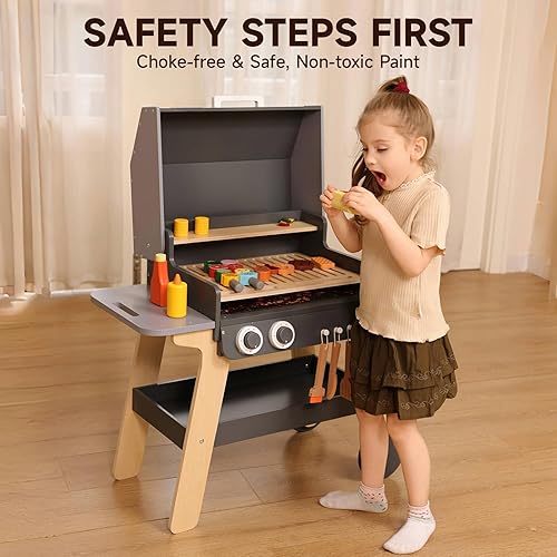 Miniatura 6 de Juego de barbacoa para niños pequeños y niños de 3 a 8 años, juguetes de cocina de madera para interiores y exteriores, juguetes de cocina con