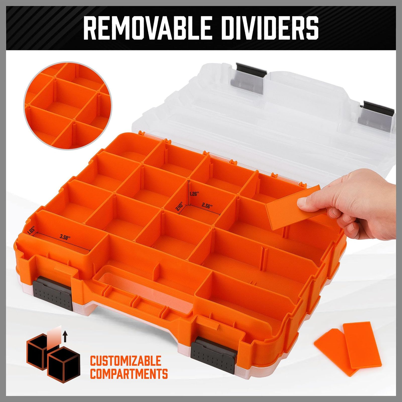 Scatola portaoggetti con 34 scomparti, trasparente, con coperchio sicuro, impilabile, ideale per garage, officina, casa, ferramenta, elettronica, chiodi