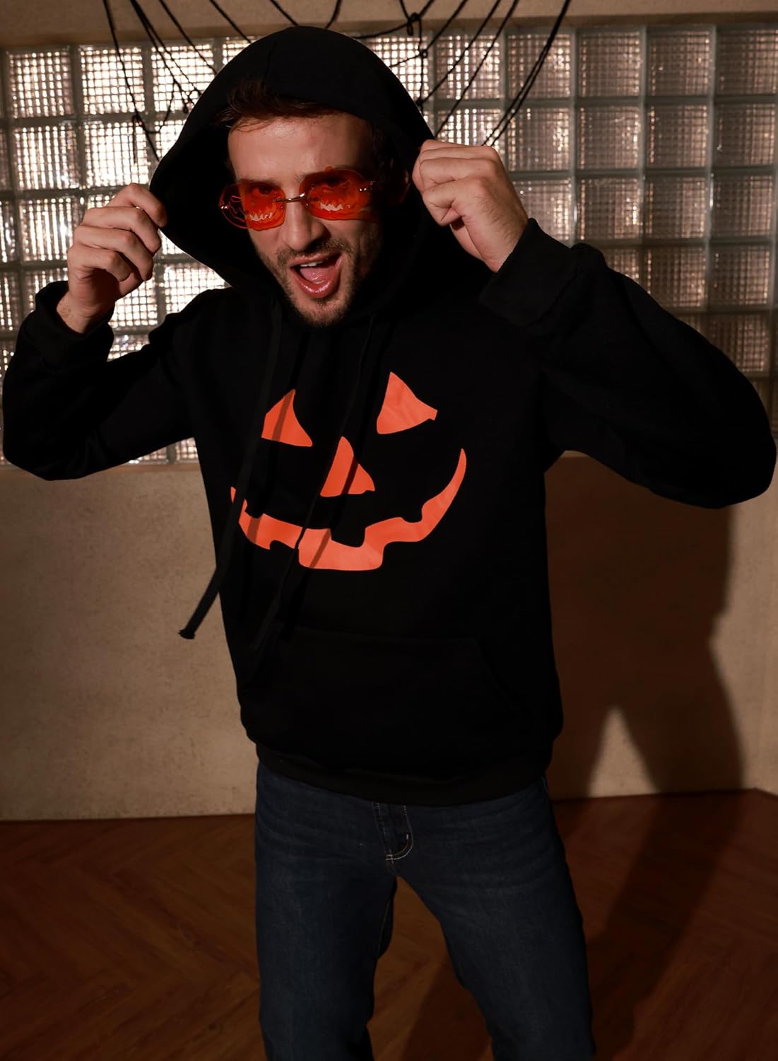 Arvilhill Men's Pumpkin Costume Black Pullover Hoodies Halloween Long Sleeve Ribbed Cuff Sweatshirt With Pocket Black XXL - Image 6