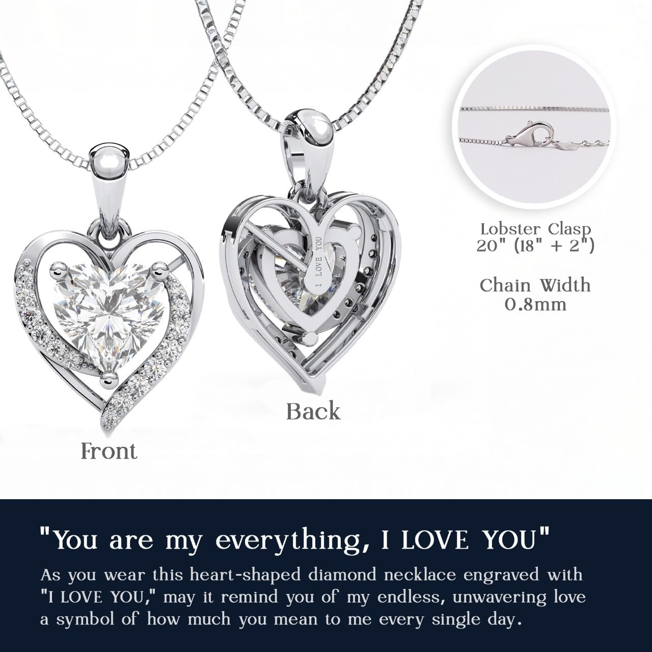 Auravibes Moissanite Heart Necklace for Women, 2-Carat Real Sterling Silver Pendant with “I Love You” Engraving, Valentine’s Day, Anniversary, Birthday or Christmas Gift for Wife, Girlfriend, Mom - Image 6