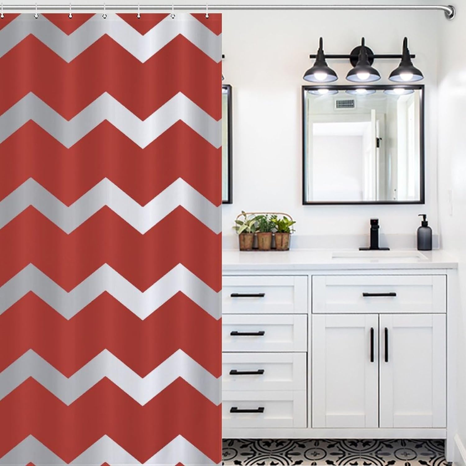 Shower Curtain Liner Set, Chevron Silver Gray Grey Stripes Red Waterproof Washable Bathroom Curtains with 12 Hooks, 60 x 72inch