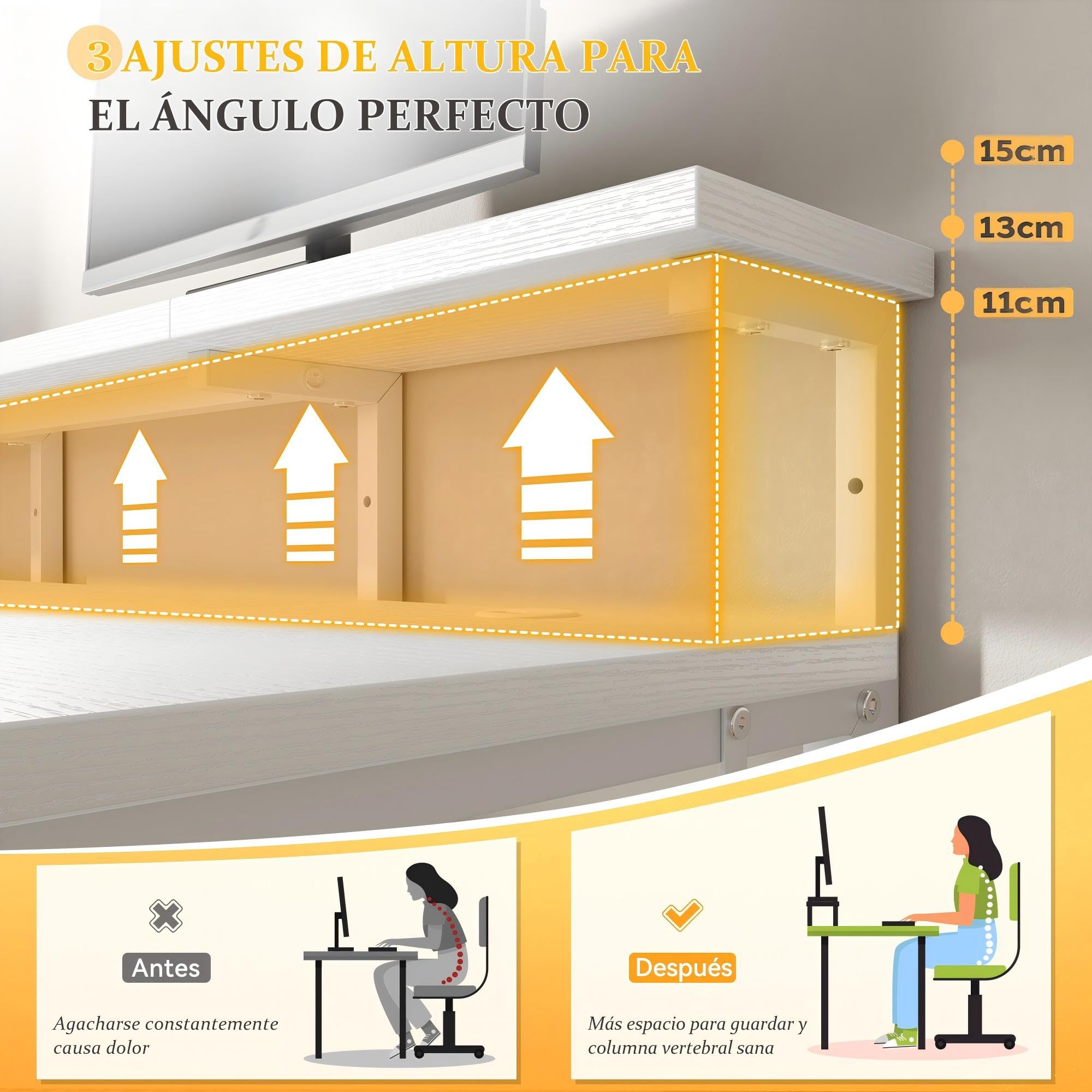 140x48 cm Rectangular Escritorio para Trabajo,Estudiar,Juegos,Blanco | Escritorio Gaming con 2 Cajones, 1 Organizador Colgante, Soporte para Monitor, 3 Altura ajustable, Gancho para Homeoficina