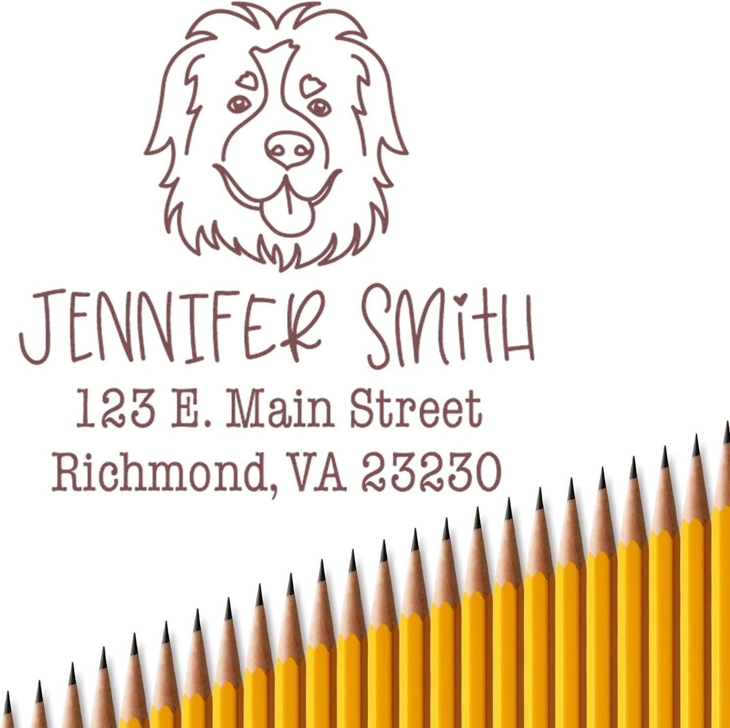 Square Self-Inking St Bernard Dog Face Outline Name and Address Stamp, Easy Press and Print Stamping, Available in 11 Ink Colors, Size 1-5/8"