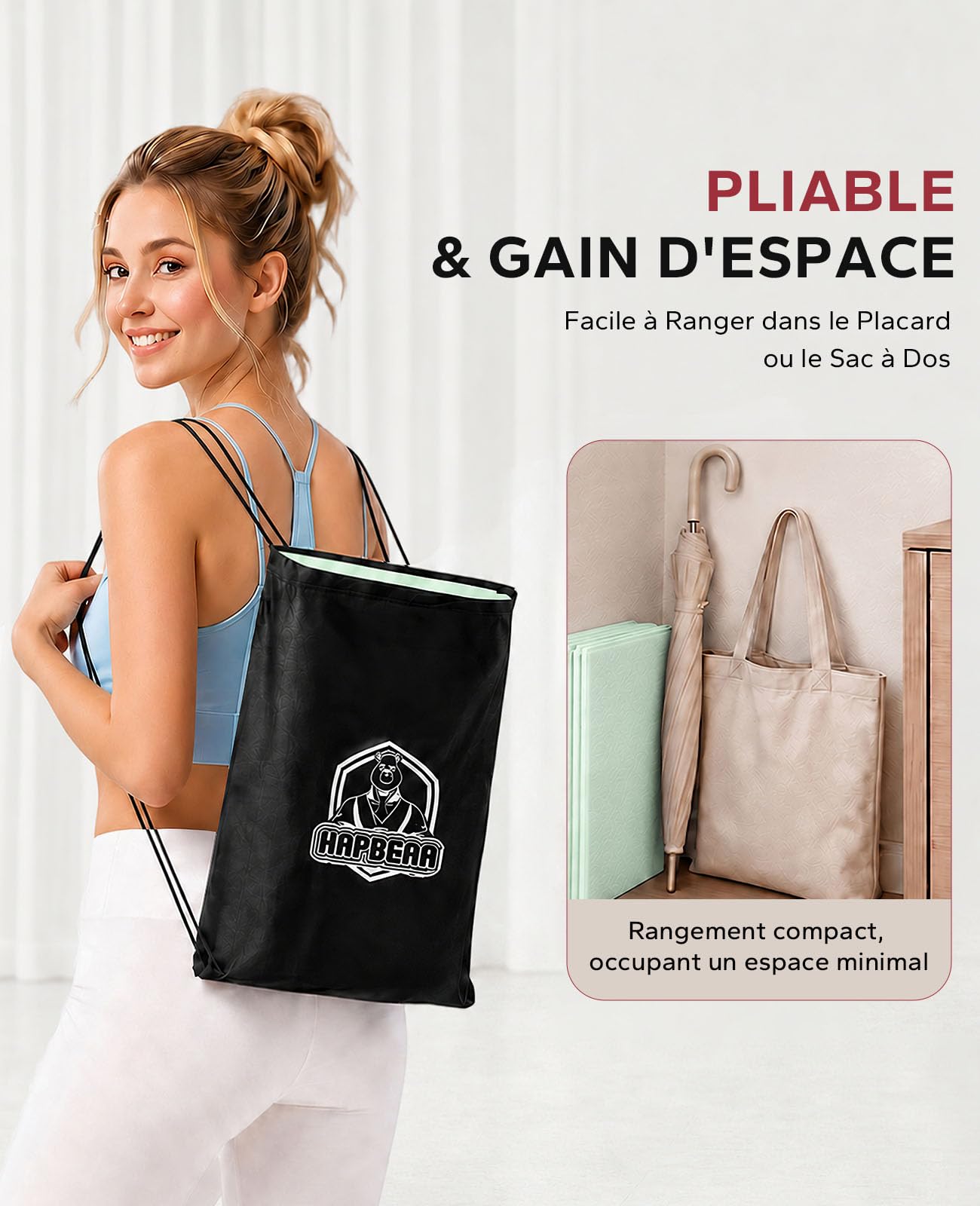 HAPBEAR Tapis de Yoga Pliable 183x61x0,6 cm–Antidérapant,en TPE | Adapté au Yoga,Pilates,Étirements et Entraînements à la Maison,Livré avec Sac de Rangement,Léger et Gain de Place