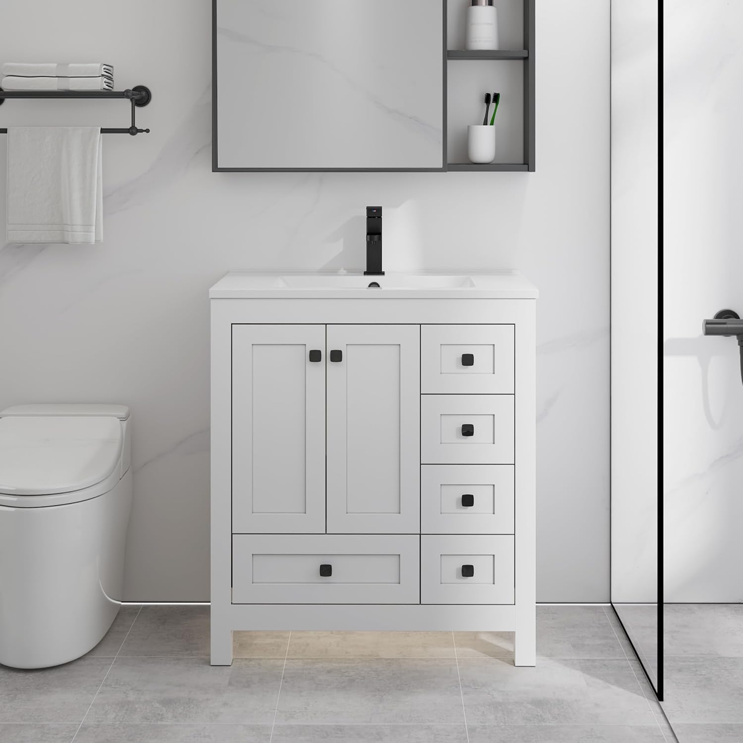 LUCKWIND 30" Bathroom Vanity and Sink Combos, Modern Bathroom Storage Cabinet with Large Sink, Matte Black Faucet and 5 Drawers, Mirror is NOT Included, White