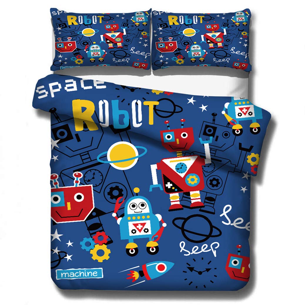 Kids Teens Boys Girls Duvet Cover Set with Pillowcases Cute Cartoon Animal Car Aircraft Robot Crocodile Dinosaur Polyester Bedding Sets for Autumn Winter Quilt Cover (Robot, Single 135x200cm)
