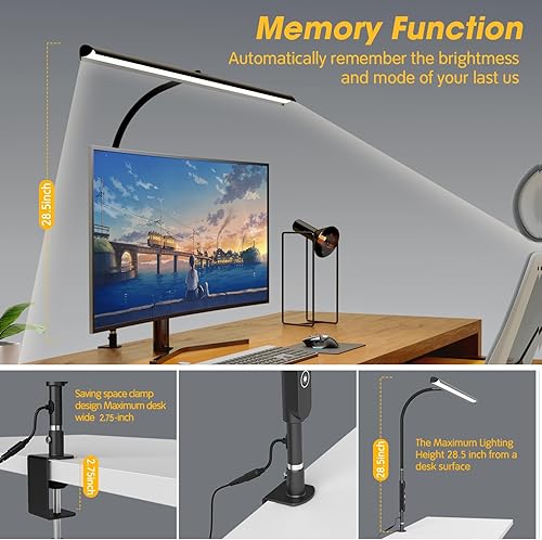 Miniatura 2 de Aunkazey Lámpara de escritorio LED de 30 W, 37.4 pulgadas de ancho con abrazadera de arquitecto para oficina en casa, iluminación LED súper