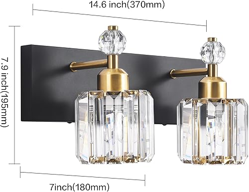 Miniatura 5 de PRESDE Lámpara de tocador de baño de 2 cristales, moderna lámpara de baño negra y dorada sobre espejo, iluminación moderna de pared de baño