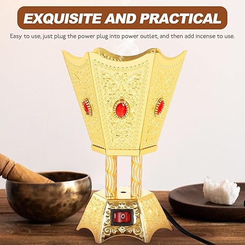 Miniatura 8 de Quemador de incienso eléctrico de metal, estilo de Oriente Medio, quemador de incienso eléctrico de mesa, para hogar, oficina, yoga, decoración