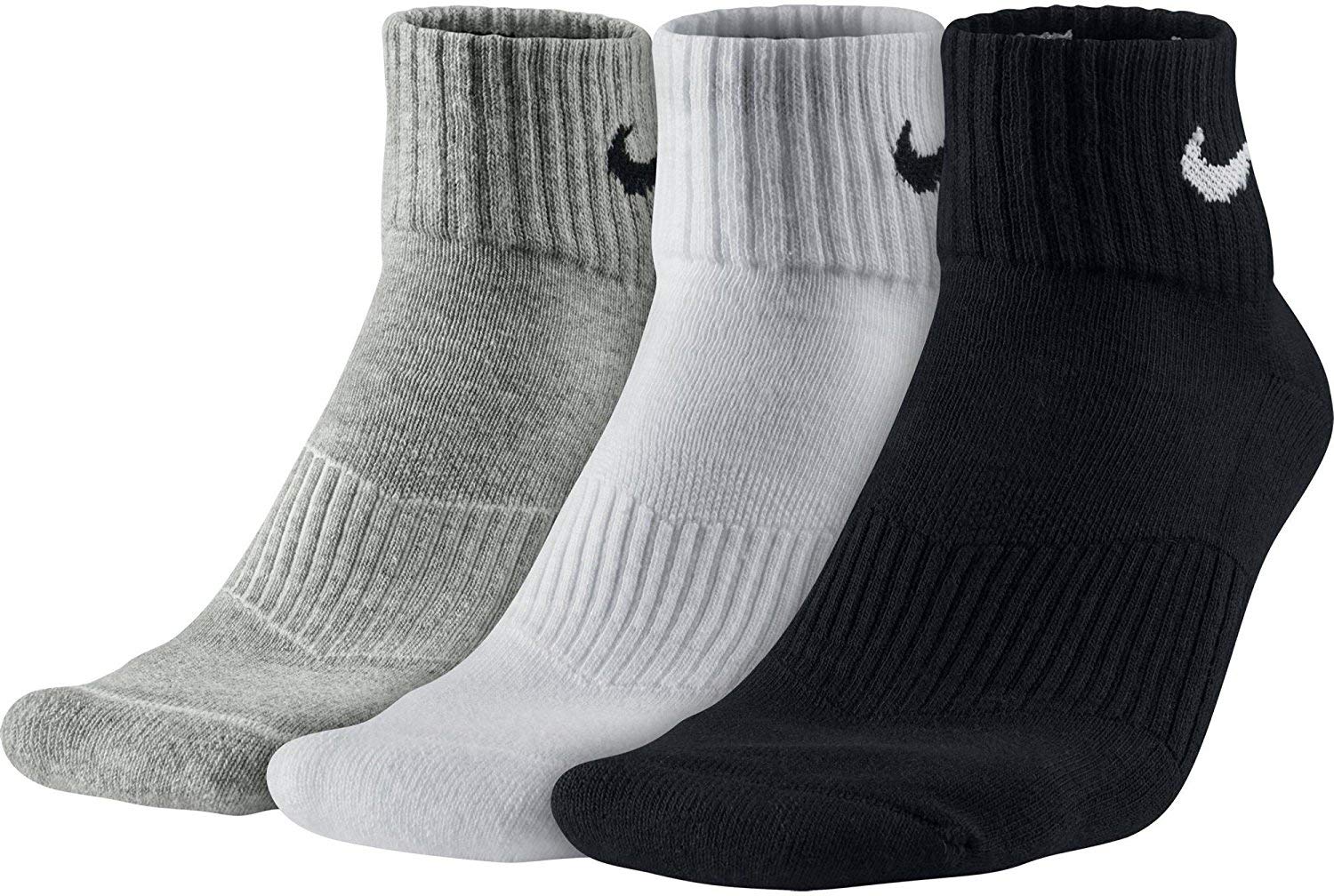 NIKE Unisex Performance Cushion Quarter Training Socks 3 Pairs Black White Grey Large