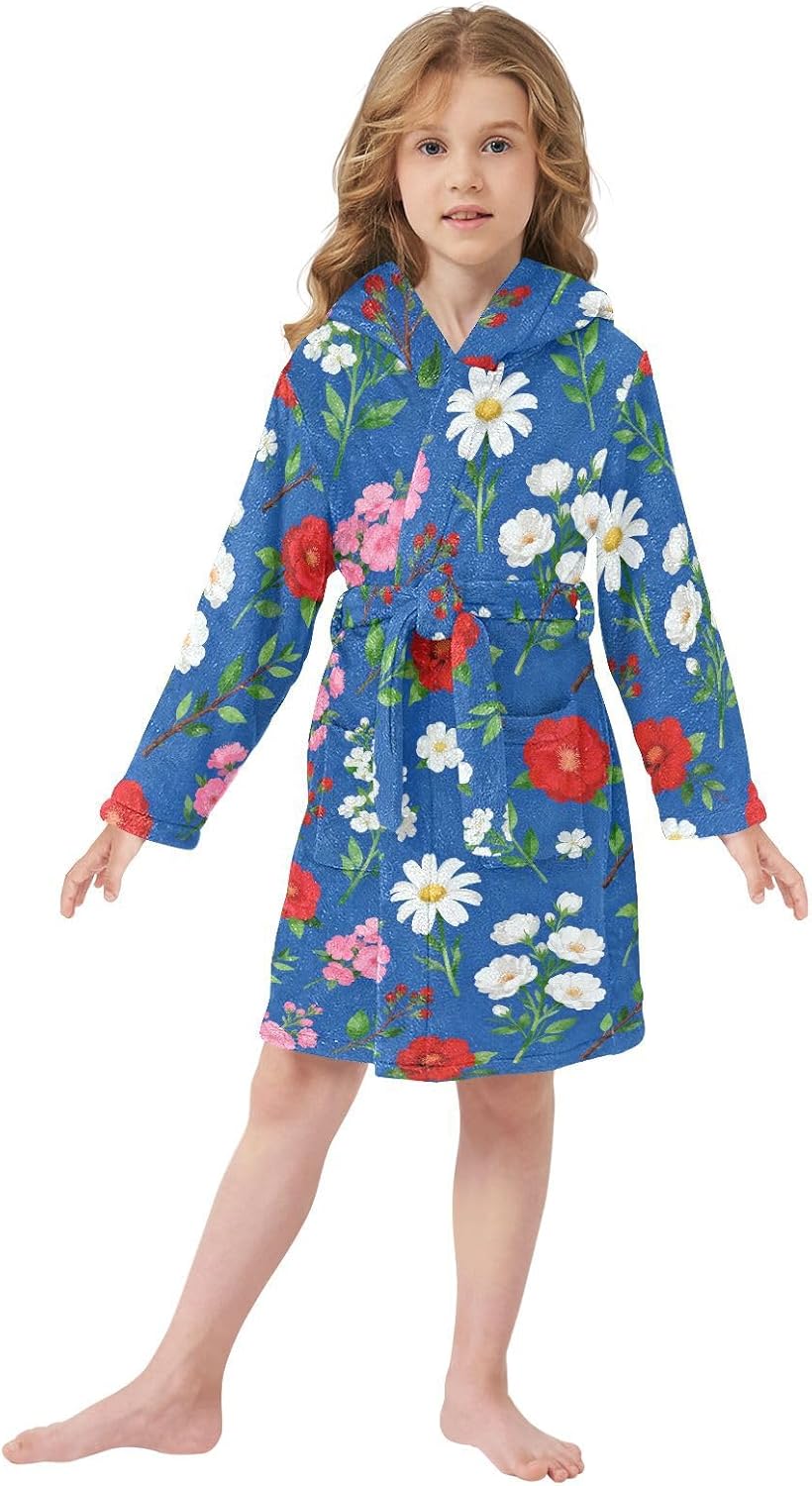 GuoChe Blue Background Mixed Floral Pattern Hooded Pajama Robe For Girls