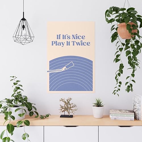 Miniatura 4 de Impresión artística de pared con música retro, con texto en inglés "If It's Nice Play It Twice", póster de vinilo azul y beige, sin marco,