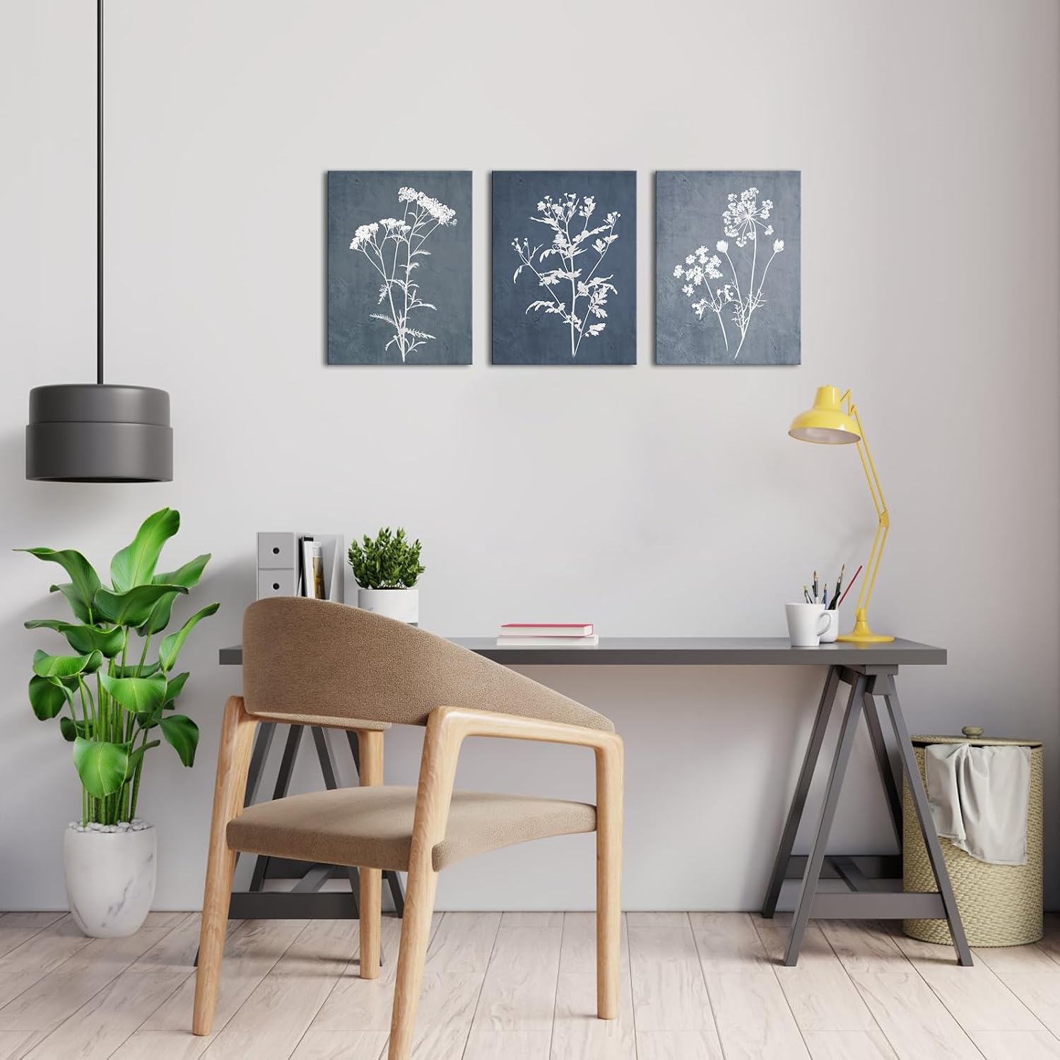 LoveHouse Blue and White Canvas Wall Art Farmhouse Plant Pictures for Bathroom Neutral Blue White Painting Prints