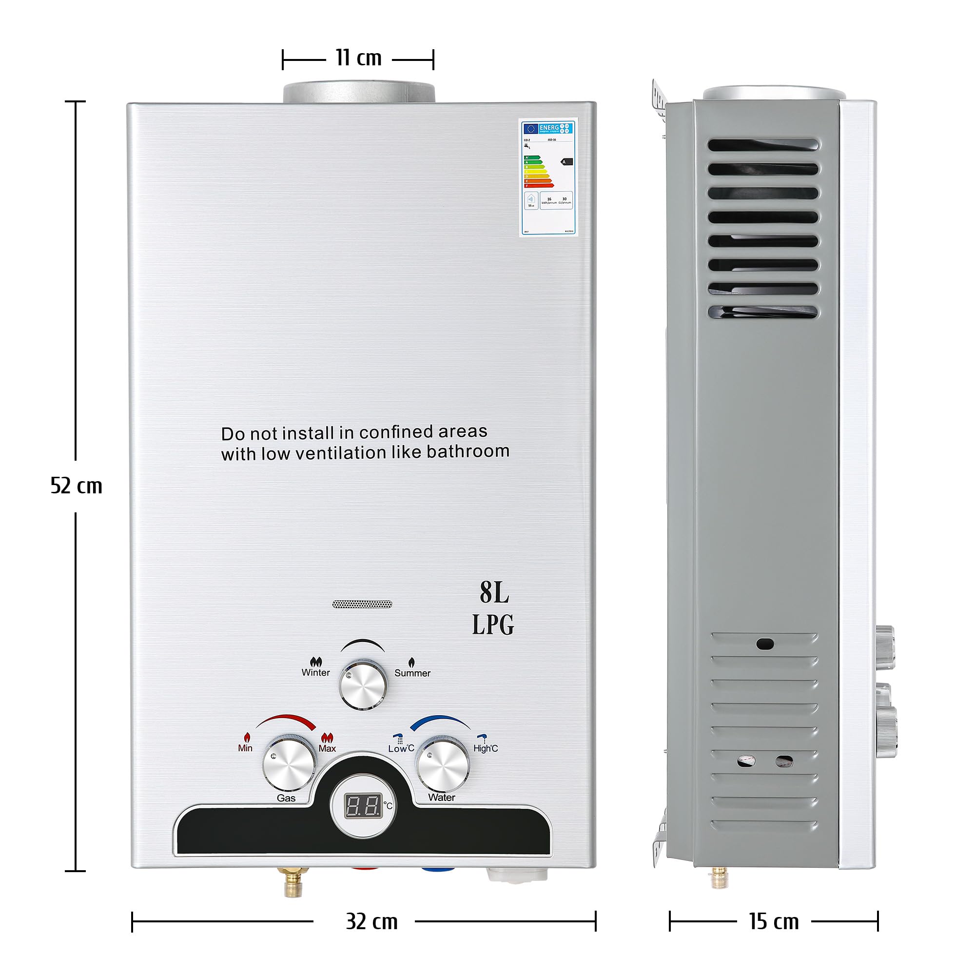 VONLUCE 8L Scaldabagno a Gas GPL 13,6 kW a Parete con Modalità Commutabili, Caldaia a Gas GPL Automatica Istantanea con Display a LED e Nucleo in Rame