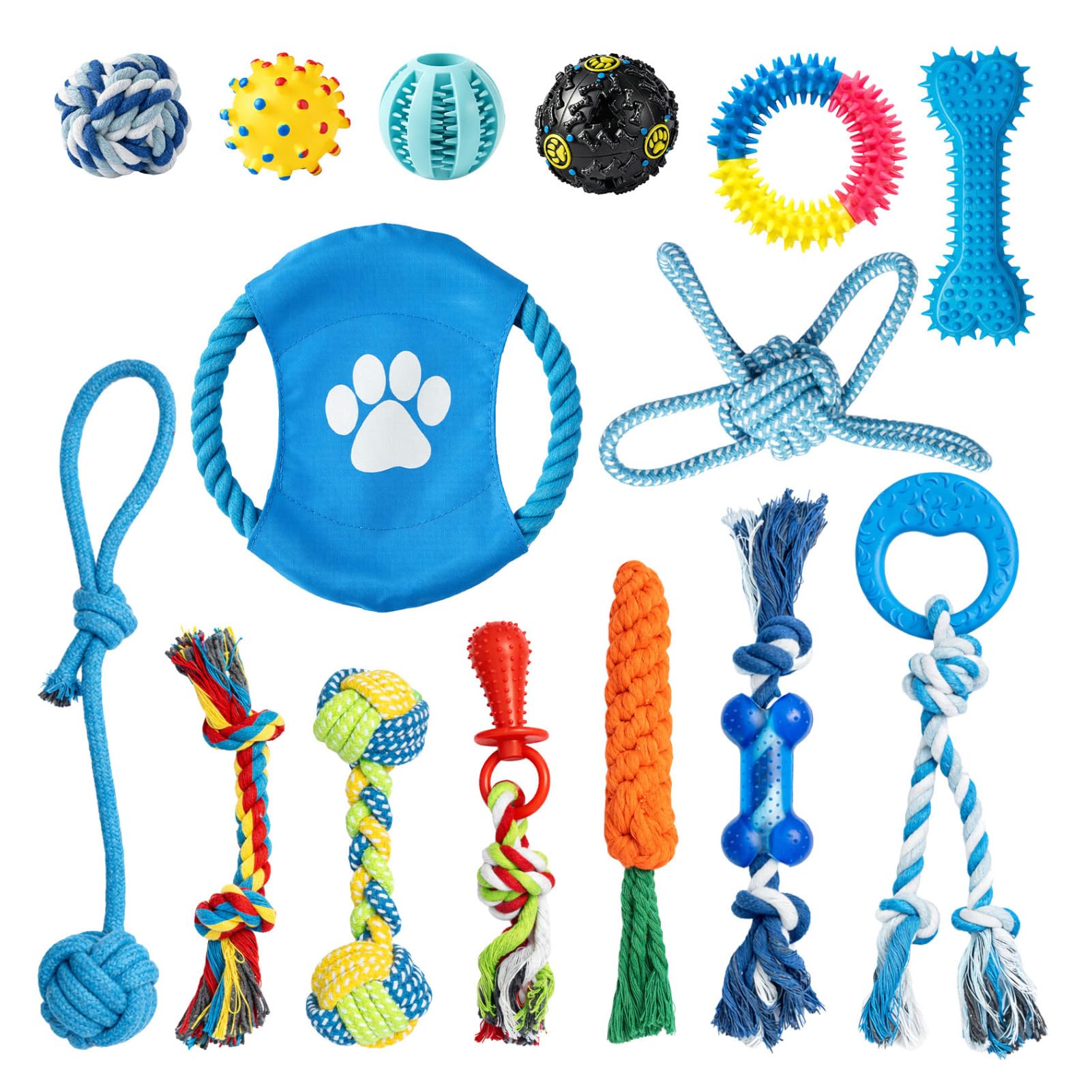 M.J COMFY-LIFE 15-Pack Dog Chew Toys for Small Medium Large Dogs Puppy Teething Toys Set with Squeaky Balls & Tug Stick Indestructible Interactive Dental Health Toy for Boredom Relief