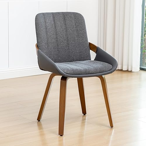 Miniatura 13 de Juego de 2 sillas de comedor tapizadas de cuero sintético beige moderno de mediados de siglo, sillas decorativas sin brazos con patas de madera