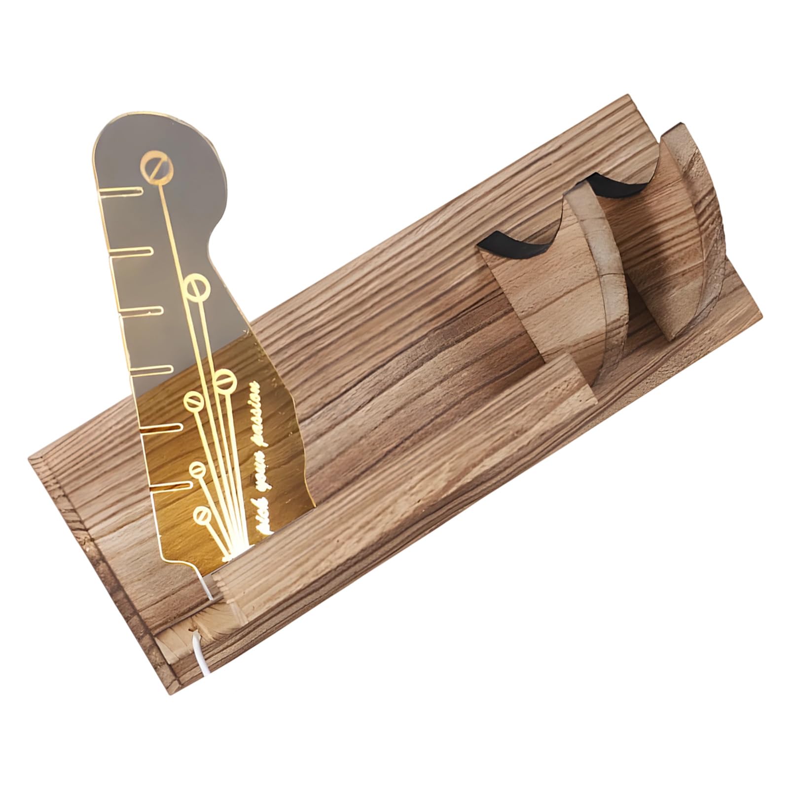 Stojak na gitarę ścienną z oświetleniem LED, drewniany wieszak na gitarę z dwoma gniazdami na gitarę, półką 38 cm i haczykami, stojak na gitarę zasilany przez USB, do gitary, kostek, pasków