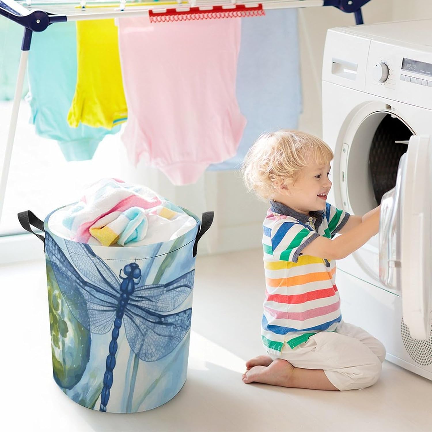 Hand Painted Blue Dragonfly Laundry Basket with Lid Collapsible Waterproof Laundry Hamper Large Drawstring Clothes Hamper Storage Bin with Handles for Home Bathroom Bedroom Dorm 17.3 x 17.3 Inch