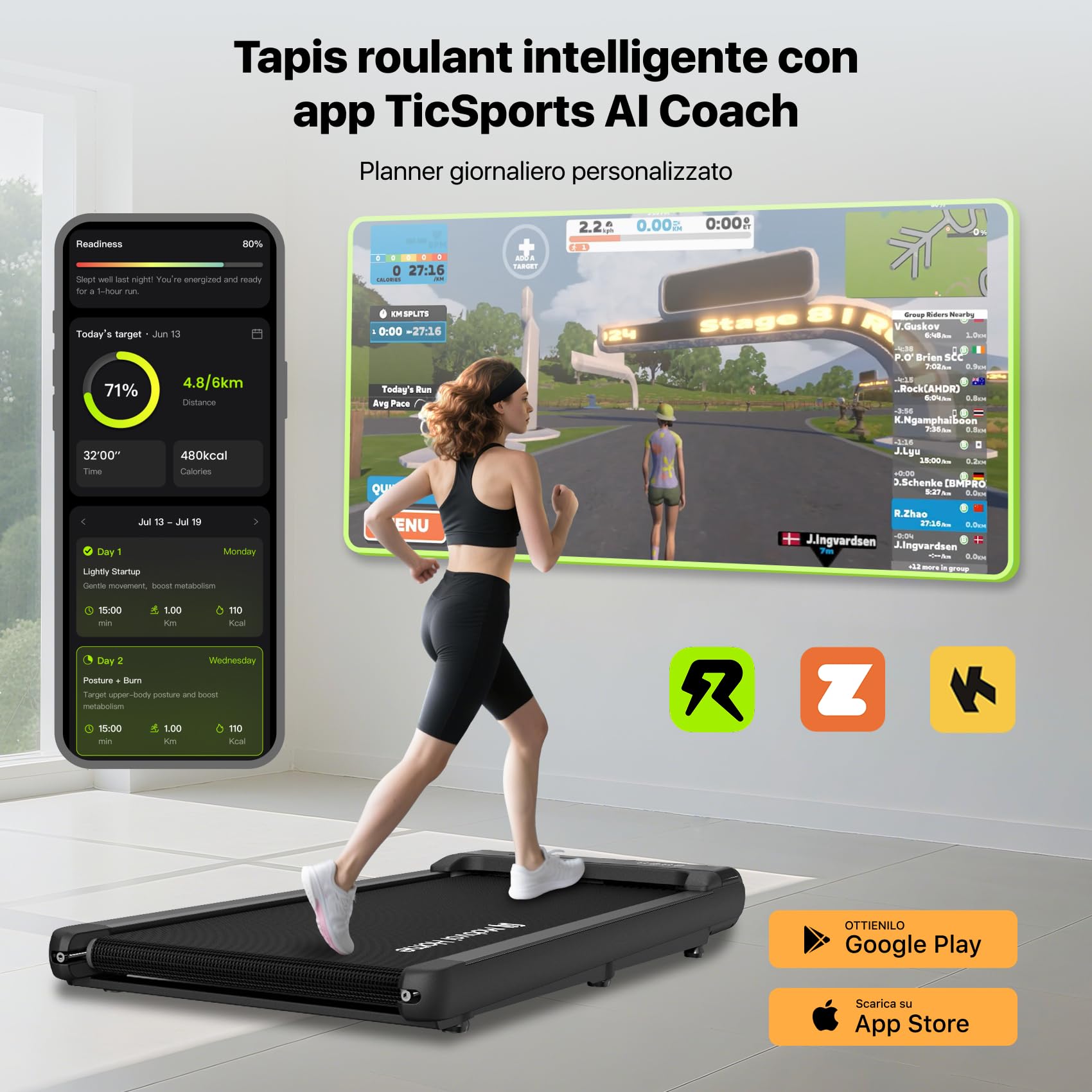 Mobvoi Walking Pad Tapis roulant AI Intelligente sotto la scrivania portatile 2 in 1 per casa e ufficio Camminata Jogging Macchina da corsa TicSports Zwift Kinomap 6 km/h Facile da riporre 120kg