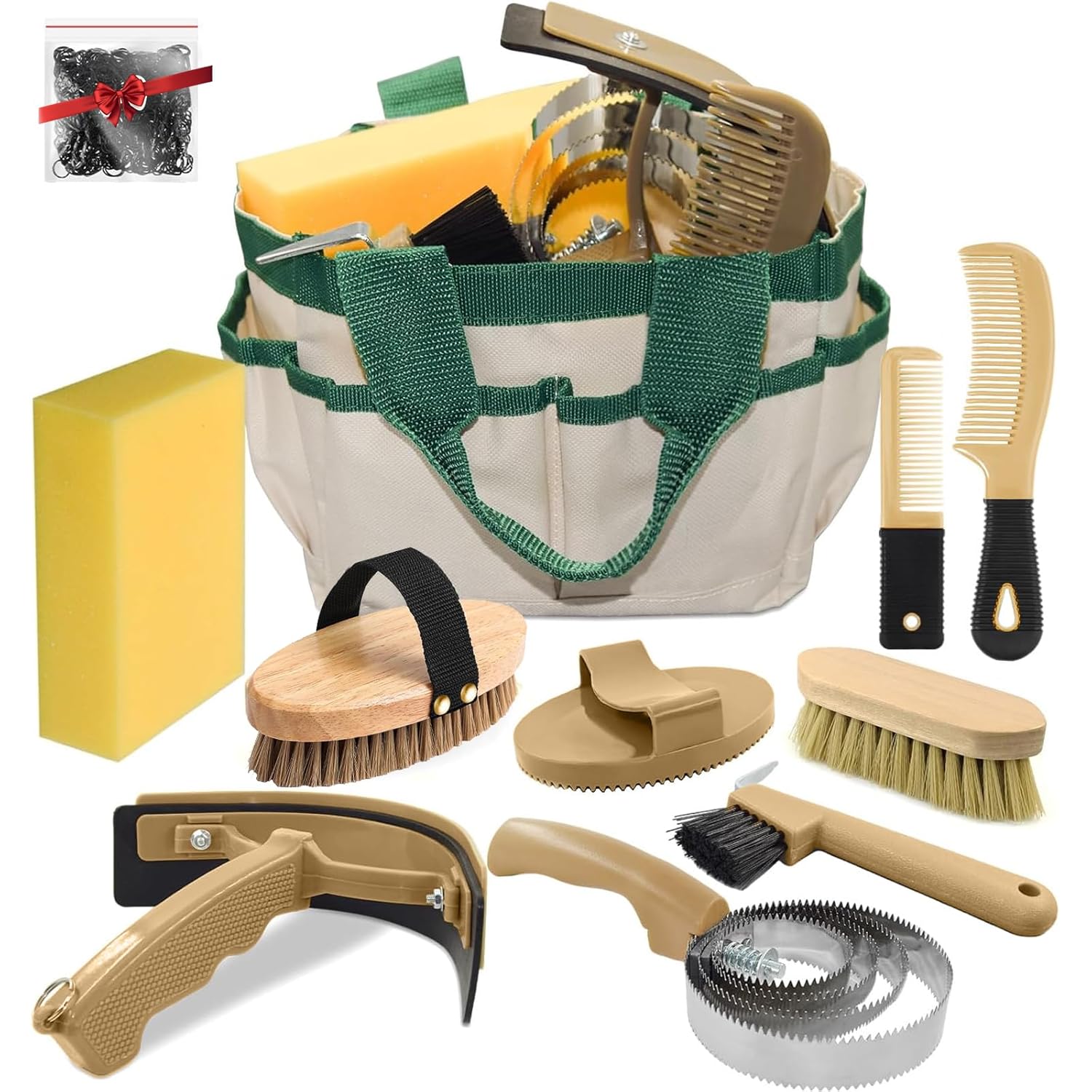 9Pcs Horse Brush for Grooming Bathing Kit with Organizer Tote Bag, Professional Equine Coat Care Tack Room Supplies Set, Gift for Horse Lover (Khaki)