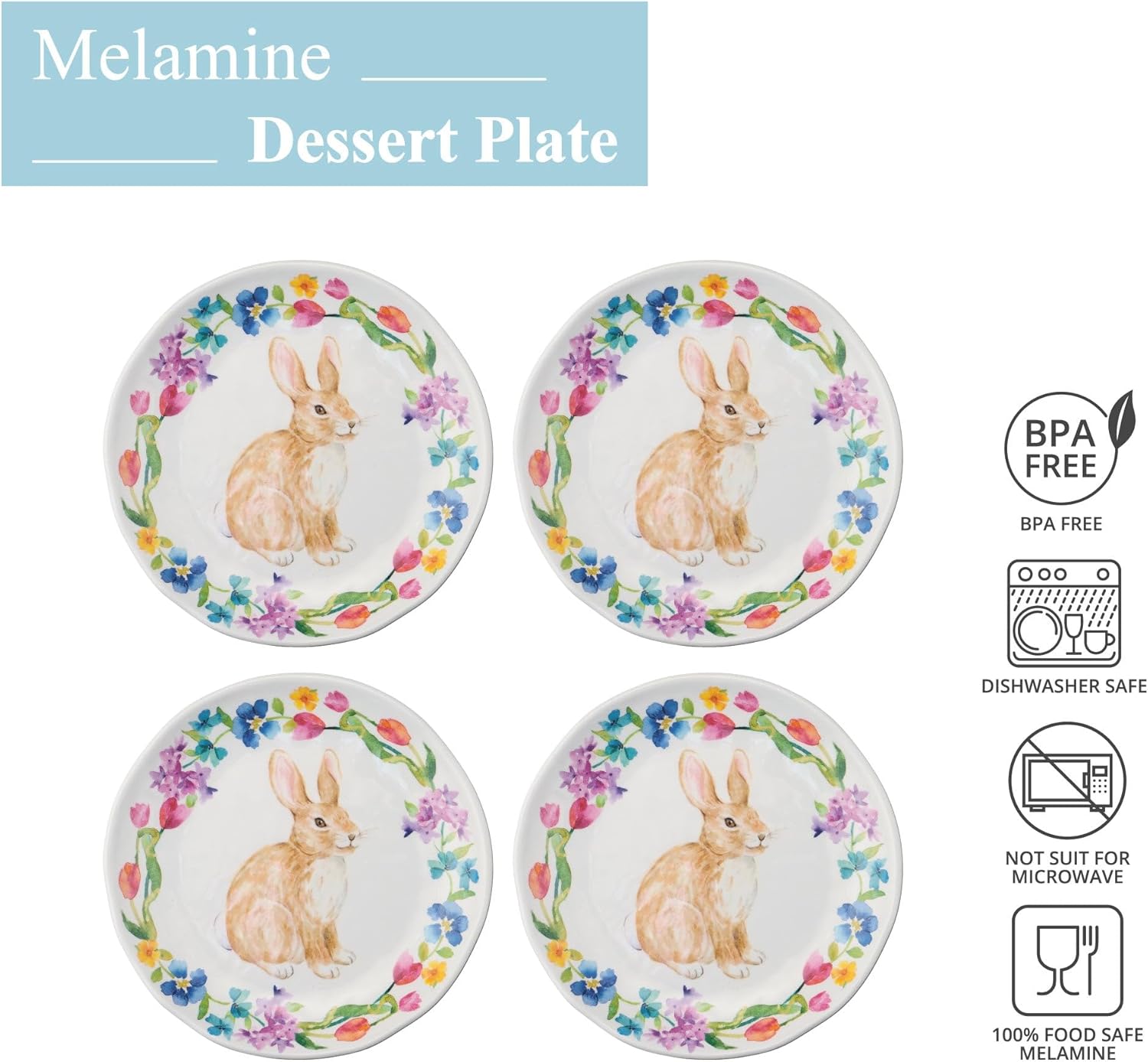 UP UPware Floral Bunny Melamine Round Dessert Plates, Small Serving Plates, Easter Decorations, for Appetizer, Snacks, and Side Dishes, Multicolor, 6 Inch, Set of 4