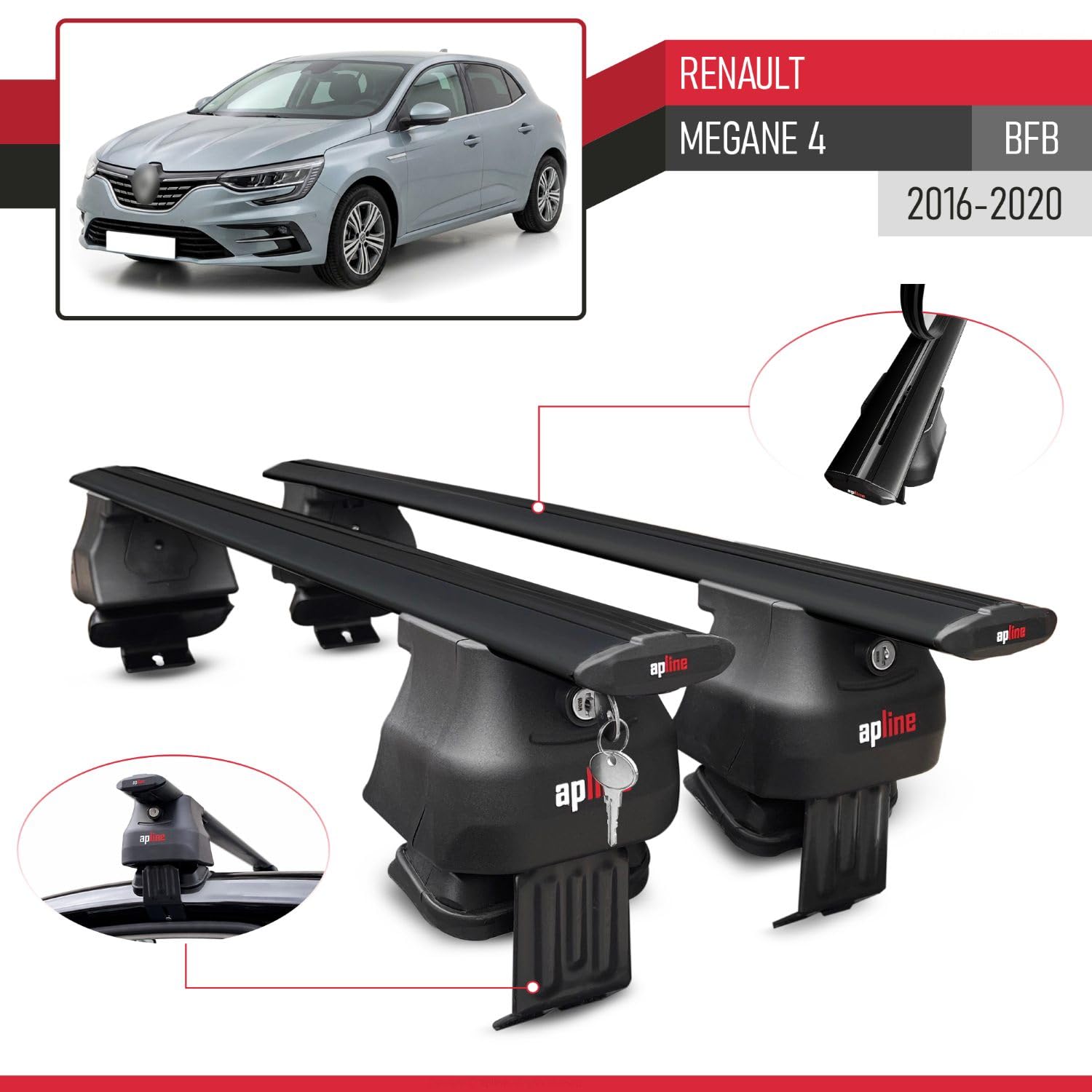 Kompatybilny z Compatible with Renault Megane 4 (BFB) Pre-Facelift 2016-2020 ACE-4 Model Aluminiowy bagażnik dachowy 2 poprzeczki, czarne